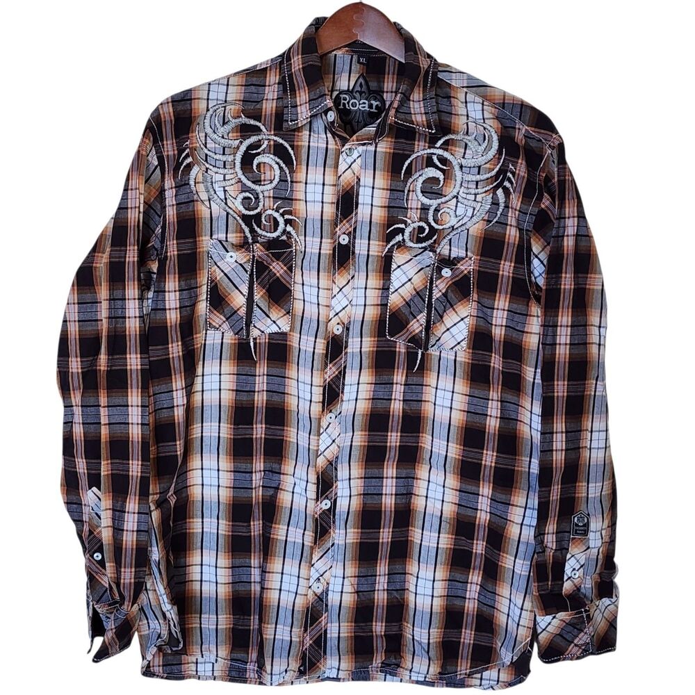 Roar Mens Button Down Shirt XL Brown Plaid Western Embroidered Long Sleeve
